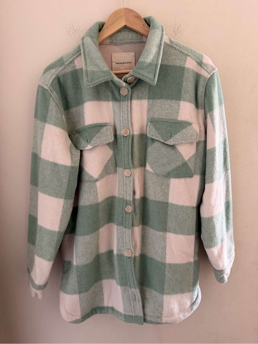 Thread & Supply Mint Green White Plaid Fleece Shacket Shirt Jacket Lined Large